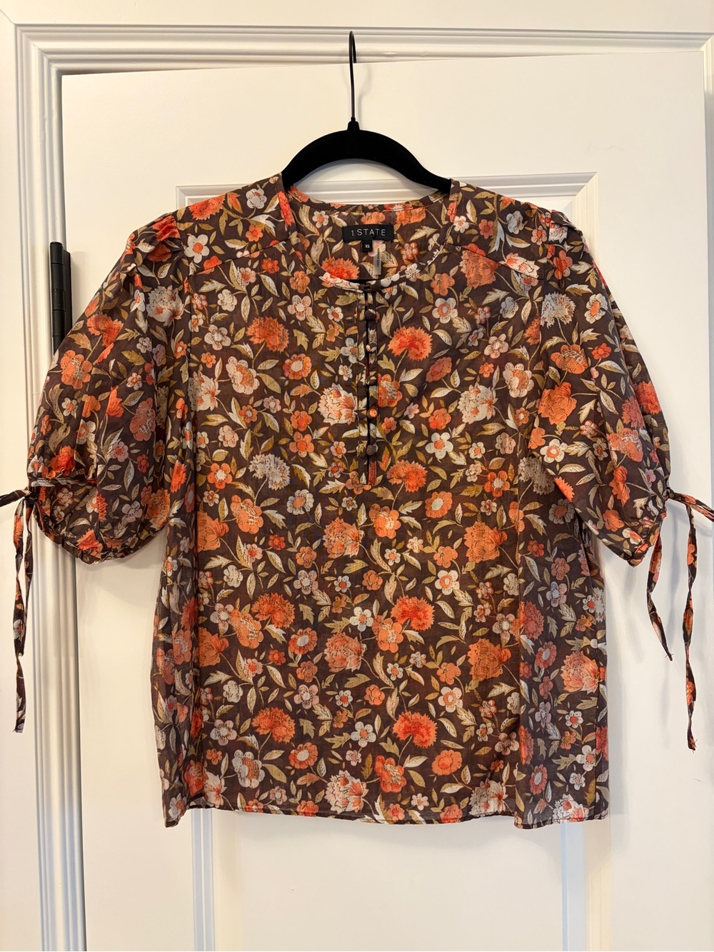 1. State Brown Floral Tie-Sleeve Blouse - Rust Orange Floral